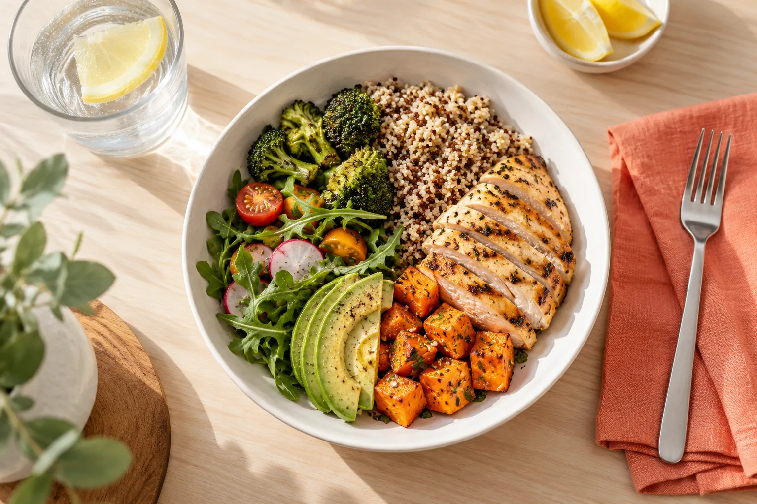 A balanced meal with vegetables, grains, and protein.