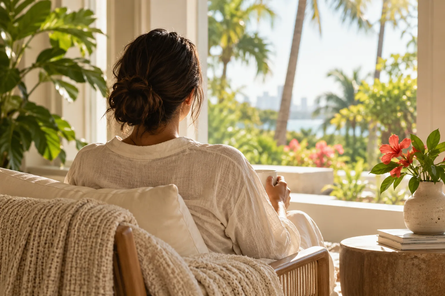 An adult sitting quietly beside a sunlit window overlooking tropical greenery.