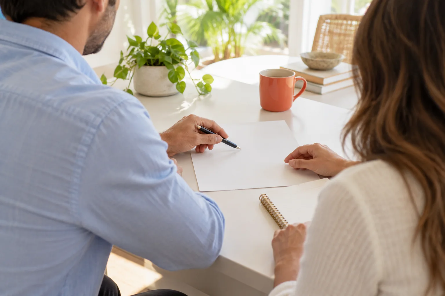 Two adults discussing a care plan at a desk.