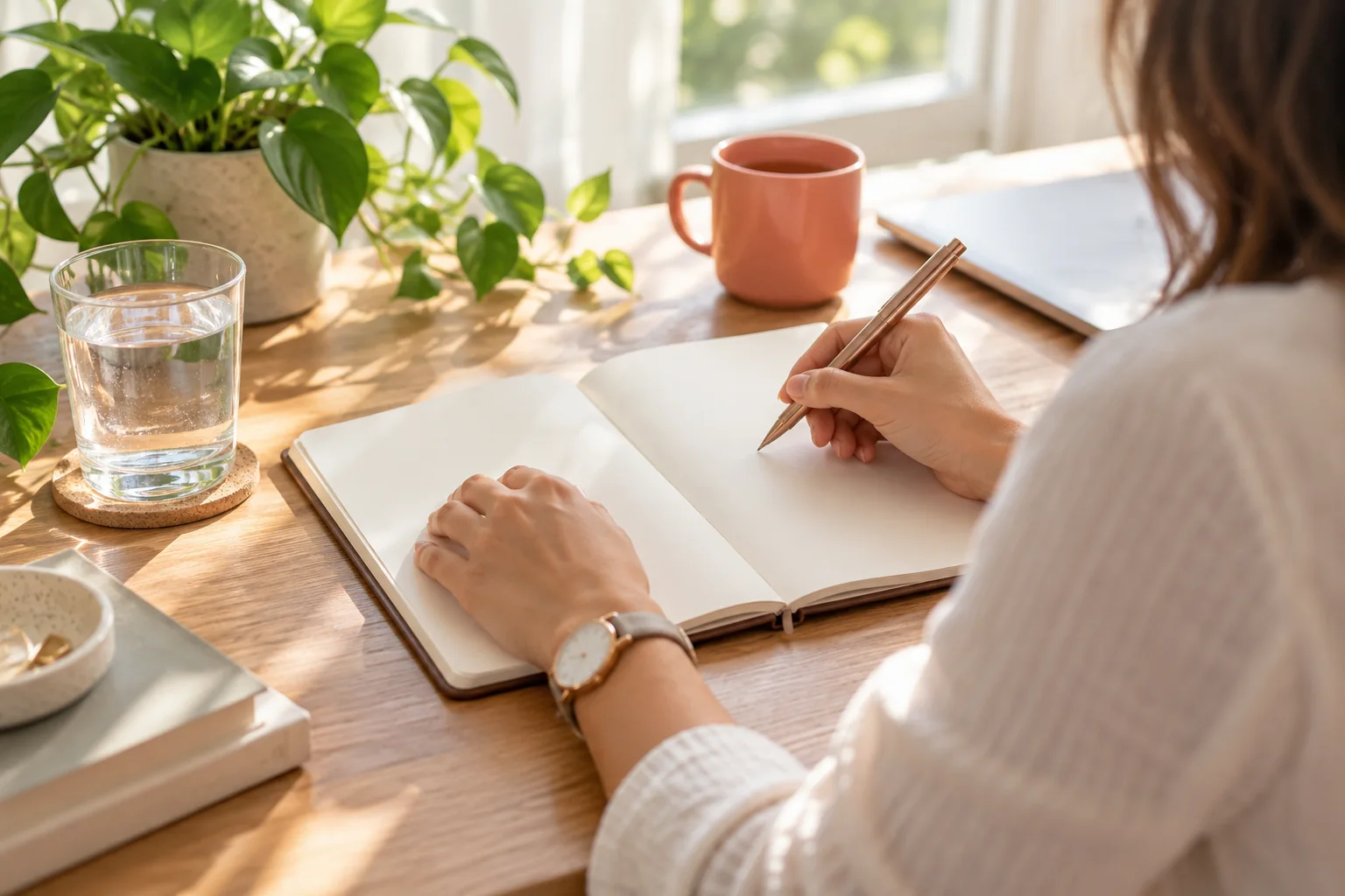 Hands holding a pen over an open notebook beside a glass of water.