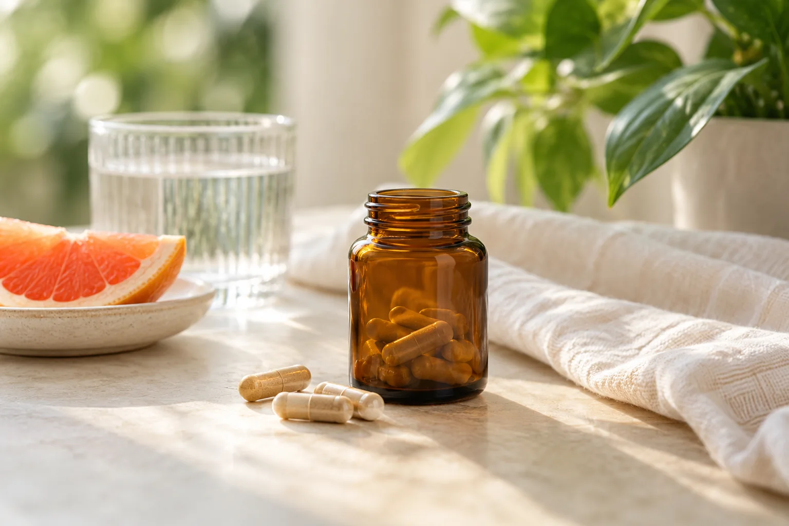 An unlabelled amber bottle and plain capsules on a light surface.