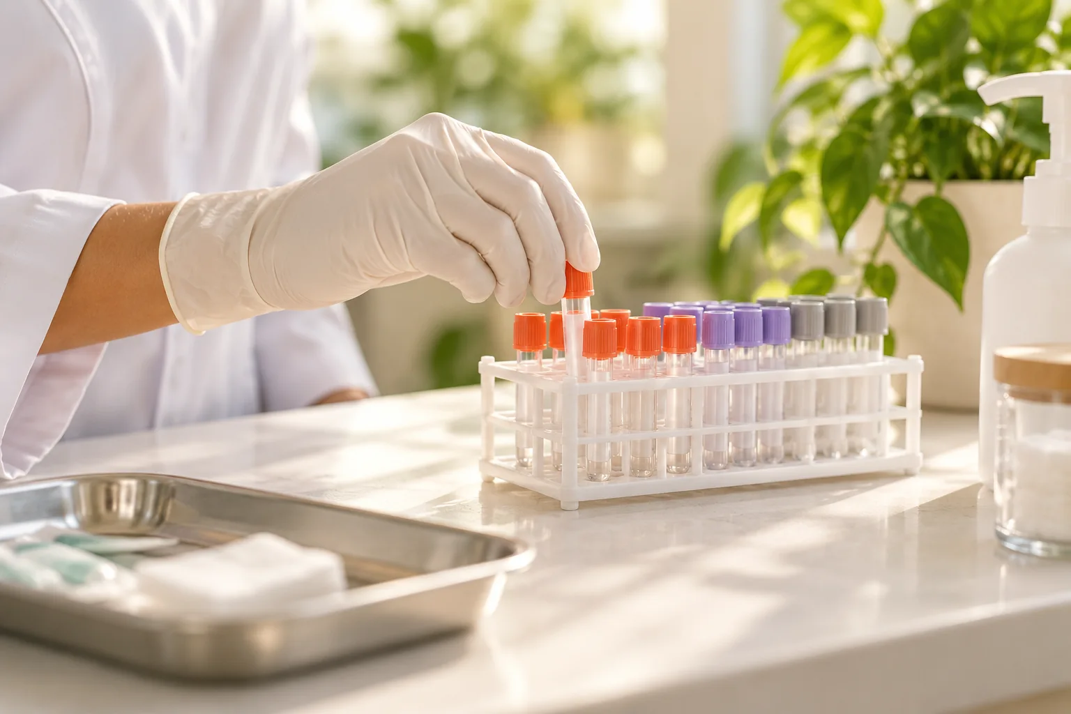 A gloved hand arranging sealed sample tubes in a laboratory rack.