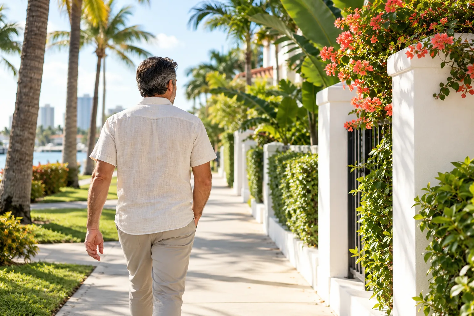 A middle-aged man walking through a sunny tropical neighborhood.