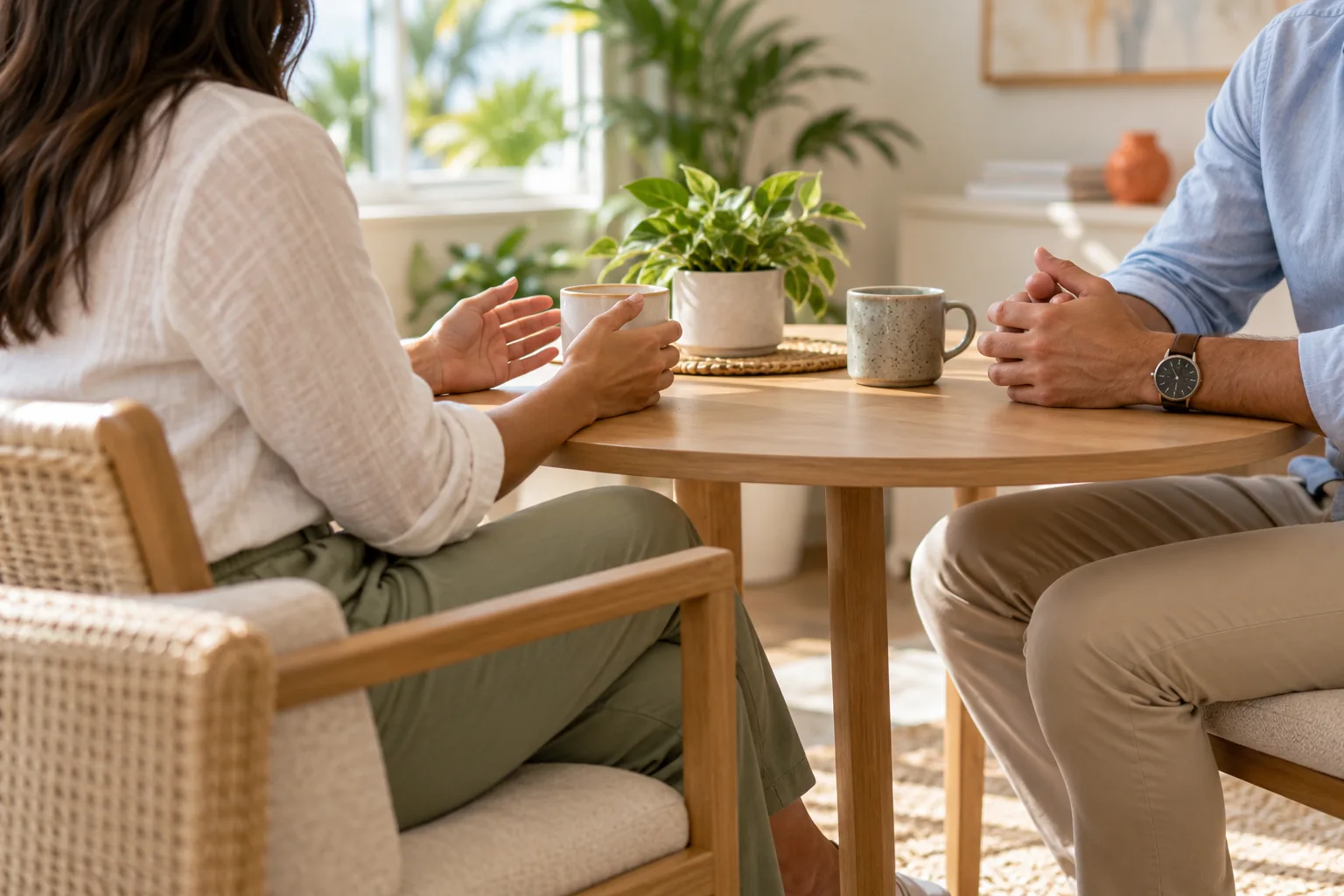 Two adults having a supportive conversation at a table.