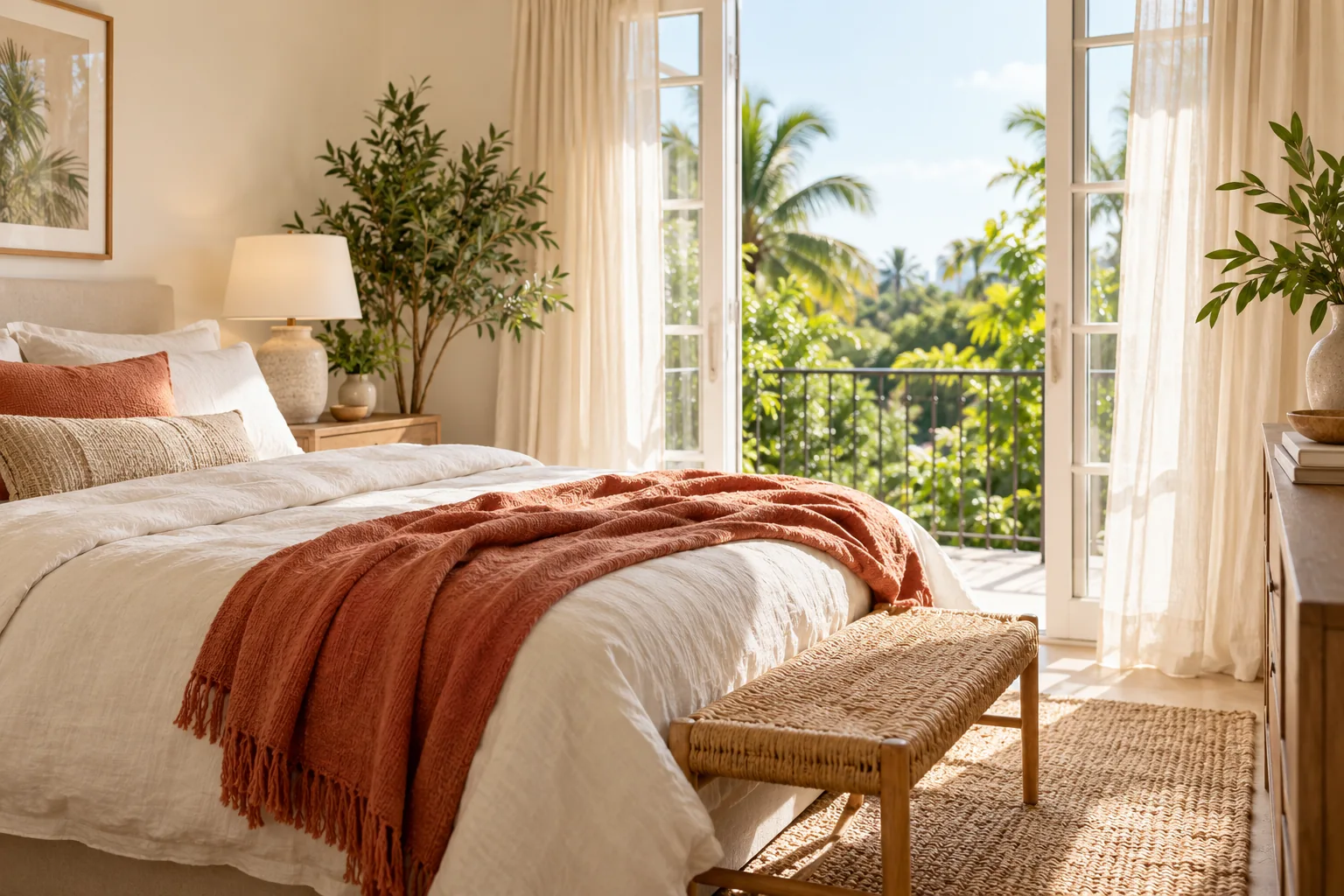 An airy bedroom with linen bedding and soft morning light.