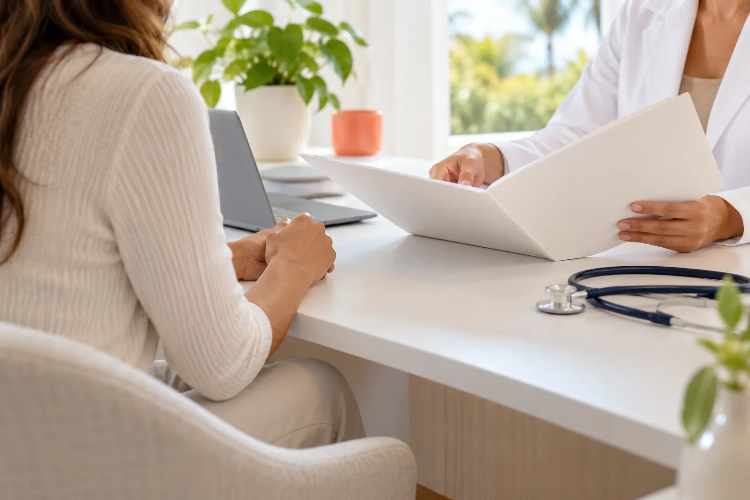 A clinician and another adult reviewing a folder during a consultation.